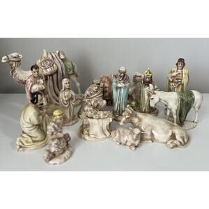 Vintage Holland Mold Christmas Nativity Set 14 Piece Hand Painted Large 1967